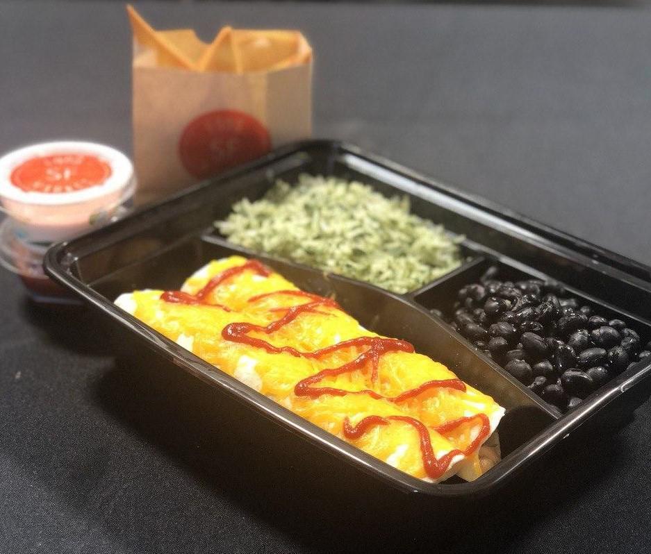 Mexican Hot Box · Each box includes your choice of entree, served with cilantro rice, black beans, salsa, sour cream, and tortilla chips.