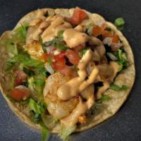 Grill Shrimp Taco · Taco de camarón a la parrilla. Shrimp, pico de gallo, lettuce and chipotle mayonnaise. Camar...