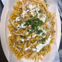 Elote Fries · Fries, Cotija cheese, elote, cilantro and sour cream. Papas fritas, queso Cotija, elote, cil...