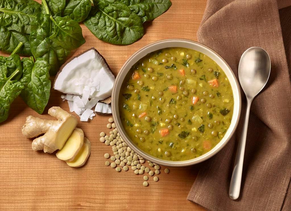 Coconut Lentil Soup · Green and red lentils simmered in a broth of creamy coconut milk blended with a savory vegetable stock and select spices.