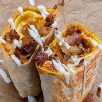 Borracho Burrito · 3 eggs, smoked bacon, haus chili, white american cheese, crispy tater tots, mayo.