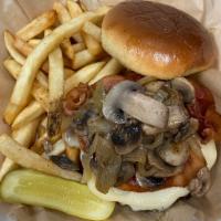 Mushroom Melt Burger · Beef patty, topped with grilled onion, mushrooms, bacon, melted Swiss, served on a brioche b...