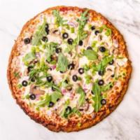 Vegan - Veggie Pizza · GF, vegan cauliflower crust  with vegan mozzarella cheese, made-from-scratch tomato sauce, b...