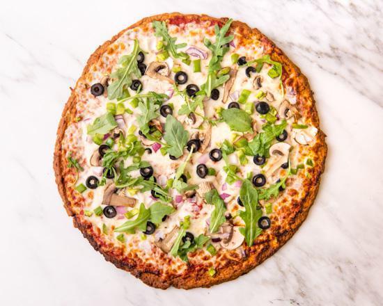 Vegan - Veggie Pizza · GF, vegan cauliflower crust with vegan mozzarella cheese, made-from-scratch tomato sauce, bell peppers, mushrooms, onions, olives, and arugula.