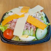 Chef's Salad · Garden salad with ham, turkey, hard boiled egg, American and Swiss.