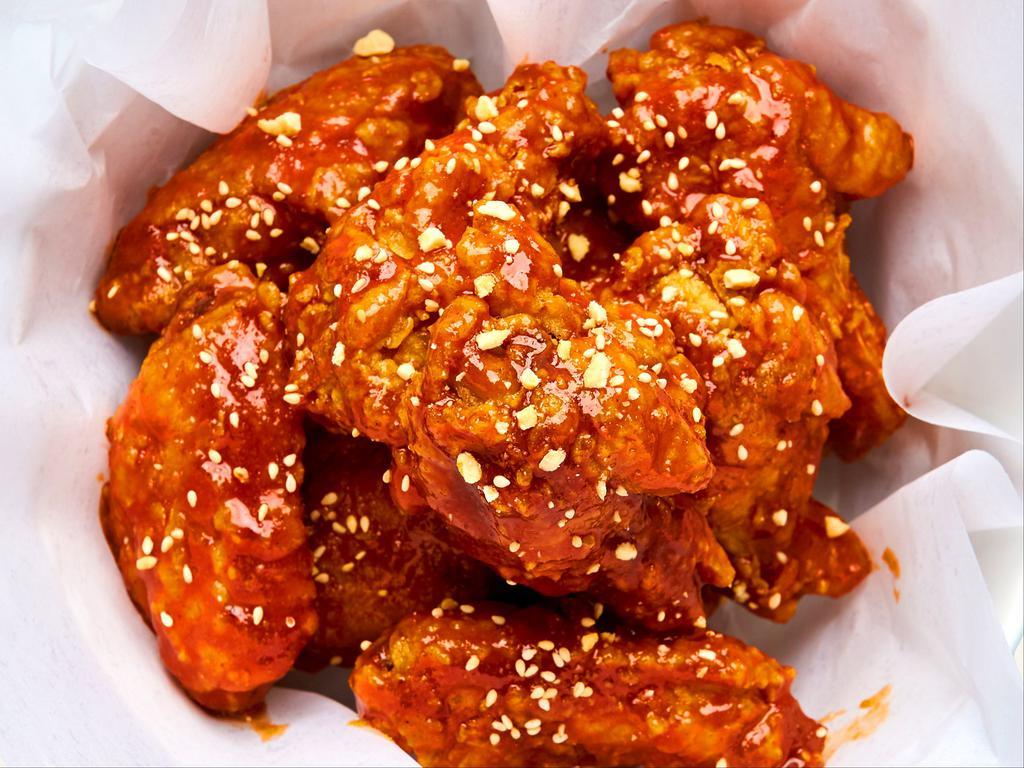 12pc Hell's Gate Chicken Wings · Fried Chicken Wings with Yang Nyeom (sweet & spicy) Sauce -Korean Style

 Spicy Level 7, You can enjoy spicy and taste  