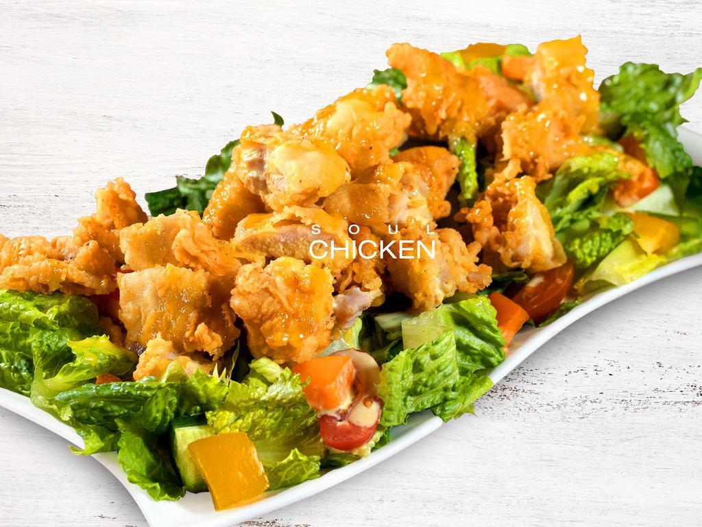 Chicken Salad · Crispy fried chicken over greens. Served with honey mustard sauce.