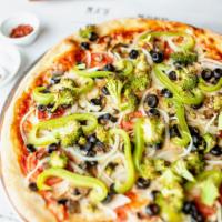 Veggie Pizza · Marinara, mozzarella, bell peppers, black olives, broccoli, mushrooms, onions and tomatoes.