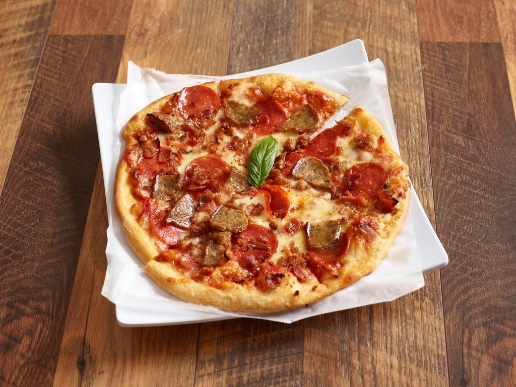 Carne Pizza · Marinara, mozzarella, bacon, Italian sausage, meatballs and pepperoni.
