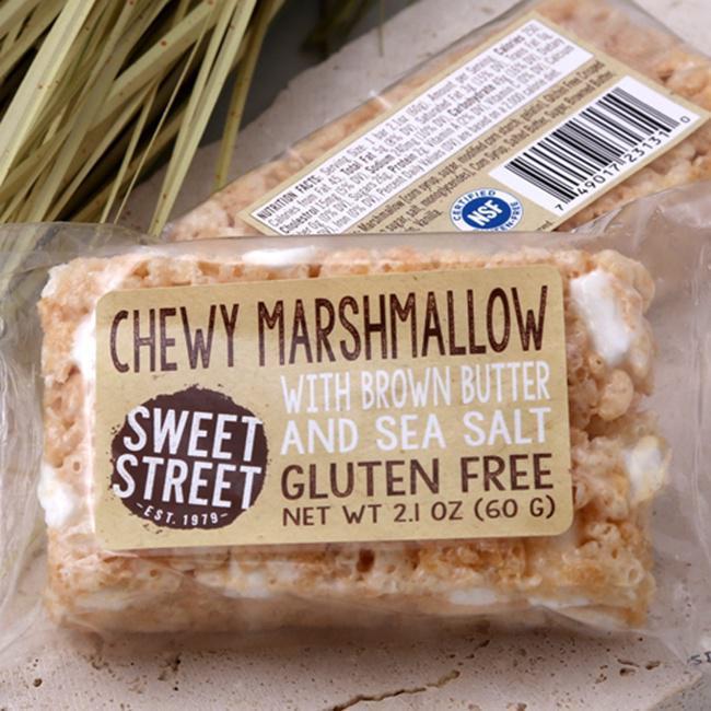 Sweet Street Chewy  Marshmallow Rice Crispy Bar (Gluten Free) · Homemade marshmallow cream gets folded with gluten free crispy rice puffs and mini marshmallows. Just a touch of the butter gets browned, but enough to bring up a subtle caramel note. A hint of sea salt makes it all come alive.
