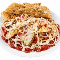 Baked Chicken Parmesan · Grilled chicken strips over a bed of tender spaghetti, topped with Parmesan and our signatur...