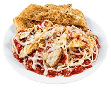 Baked Chicken Parmesan · Grilled chicken strips over a bed of tender spaghetti, topped with Parmesan and our signature gourmet cheese blend. Served with your choice of homemade meat, tomato vegetarian or creamy alfredo sauce and garlic bread.