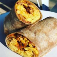 The Heisenberg · Two eggs, sausage, bacon, cheddar, hot sauce in a whole wheat wrap.