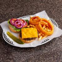1/2 lb. Cheeseburger Deluxe · Sliced pickles, french fries and 2 onion rings.
