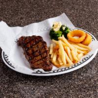 New York Strip Steak Combo Platter · 12 oz. steak, grilled and seasoned with onion ring and garnish.