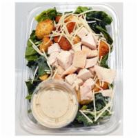 Chicken Caesar Salad · Organic Romaine & Kale, Shredded Parmesan, Crouton, ABF Chicken, and Roasted Garlic Caesar D...
