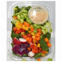 Rainbow Salad · Organic Romaine, Red Cabbage, Carrots, Organic Red, Yellow, and Orange Peppers, Organic Grap...