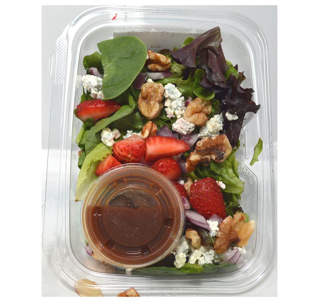 Strawberry Walnut Salad · Organic Spring Mix, Organic Spinach, Organic Strawberries, Organic Red Onion, Blue Cheese, with Fat Free Balsamic Vinaigrette Dressing