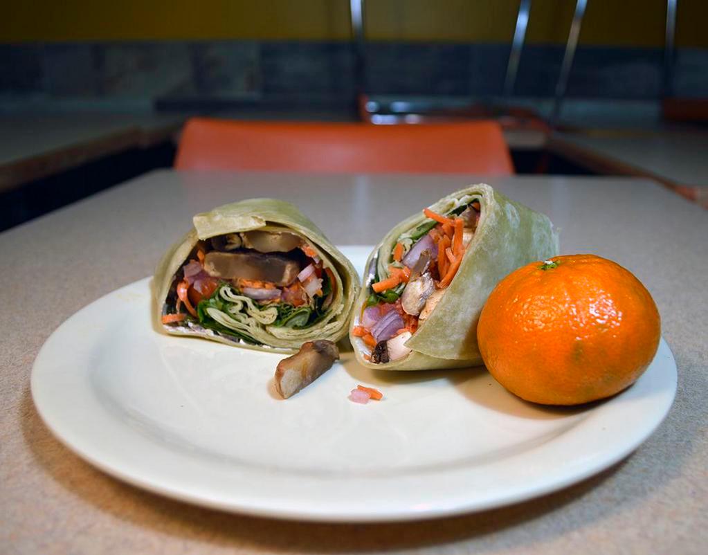 Veggie All the way Wrap · Organic Romaine lettuce, tomato, red peppers, red onions, carrots,mushrooms, vegan cream chees and Barcelona vinaigrette. 