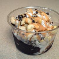 Açai Protein Bowl - 16 oz · 22g-28g protein. Açai & peanut butter topped with granola, almonds, cacao nibs, cashew, coco...