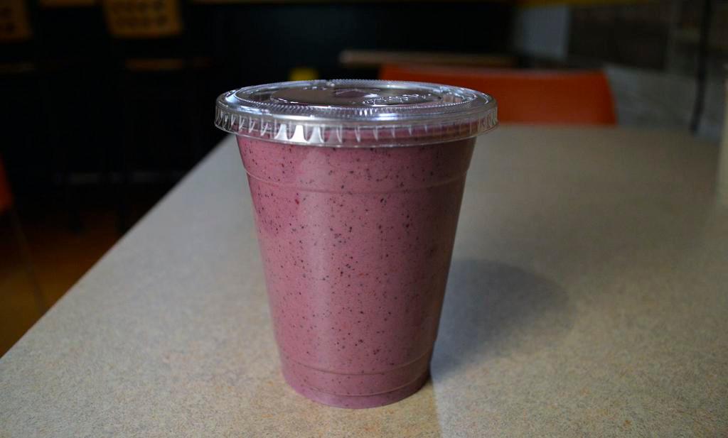 Pb and J · Blueberries, strawberries, raspberries, peanut butter, organic plant protein, rolled oats and almond milk. Vegan friendly.