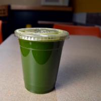Spicy Mean Green Juice · Kale, spinach, cucumber, parsley, cilantro, ginger, lemon, jalapeno and cayenne. Vegan frien...
