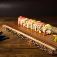 Rasta Roll · Coconut shrimp, cream cheese and crab mix, topped with tuna, mango, avocado, finished with m...