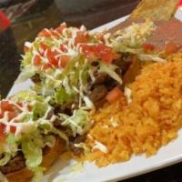 Sope Dinner · 3 sopes with your choice of steak, chicken, pork, chorizo, or ground beef. Topped with beans...
