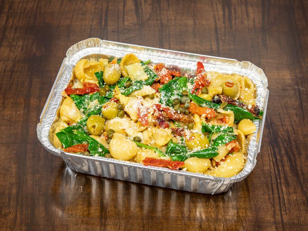 Regular Happy Valley · Orecchiette pasta, roasted garlic oil, sundried tomatoes, artichokes, capers, fresh basil, spinach, green olives, finished. Served with Parmesan cheese.