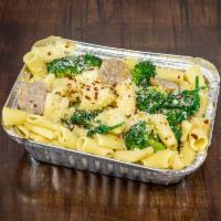 Regular Italian Sausage Mac · Rigatoni pasta, roasted garlic and oil, butter, sweet Italian sausage, broccoli, Parmesan ch...