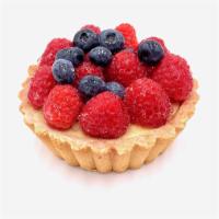 Fresh Berry Fruit Tart · Graham cracker crust filled with pastry crème, topped with a combination of fresh raspberrie...