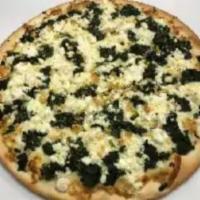 Bianca spinach or broccoli Pizza · Fresh ricotta, mozzarella, and Parmigiano cheese on a thin crust. Topped with fresh garlic a...