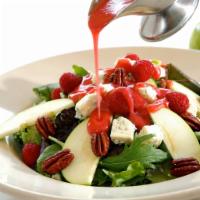 Mixed Baby Greens Salad · Mixed greens , granny smith apples, raspberries, candied pecans, gorgonzola with raspberry v...
