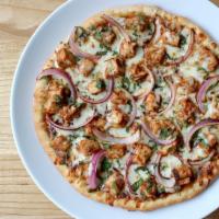 BBQ Blast Gourmet Pizza · Grilled chicken, red onion, fresh cilantro, gouda, and mozzarella cheese over BBQ sauce.