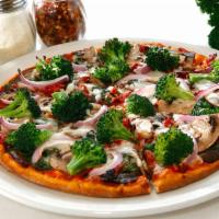 Veggie Twist Gourmet Pizza · Broccoli, grilled eggplant, onions, mushrooms, sun-dried tomato, fresh spinach, and mozzarel...