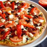 Zorba The Greek Gourmet Pizza · Roasted red bell peppers, sun-dried tomato, fresh tomato, kalamata olives, mozzarella, and g...