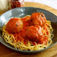 Spaghetti and Meatballs · Spaghetti, homemade meatballs, and spicy marinara.