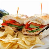 The Farmer Sandwich · Grilled chicken breast, grilled eggplant, tomato, roasted red bell peppers, roasted garlic, ...