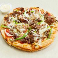 Steak Bomb Pizza · Homemade marinara sauce, cheese, shaved steak, mushroom, onions and peppers.