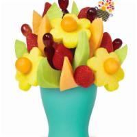 Fruit Flowers Bouquet - Small · Enjoy this freshly crafted arrangement made with pineapple, strawberries, honeydew, cantalou...