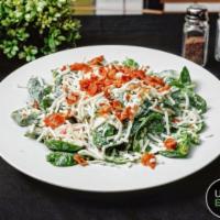 Popeye Salad · Garden fresh spinach, mozzarella, applewood smoked bacon, tomatoes, hard-boiled egg and mush...
