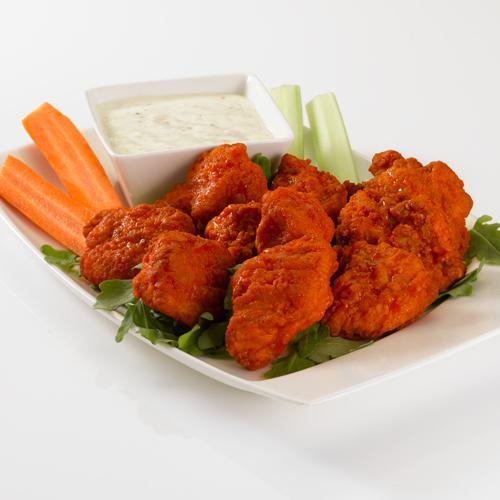Boneless Buffalo Bites · Hot and tangy Buffalo-style white chicken breast chunks with a cool bleu cheese dip to extinguish the blaze.