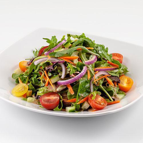 Garden Salad · Chopped romaine with English cucumbers, tomato wedges, and red onions. Served with balsamic vinaigrette. Vegetarian.