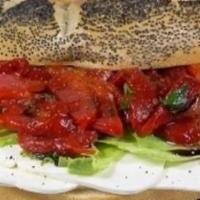 Mama Rosa Sandwich · Fresh mozzarella cheese, roasted peppers, lettuce, oil and vinegar, salt and pepper.
