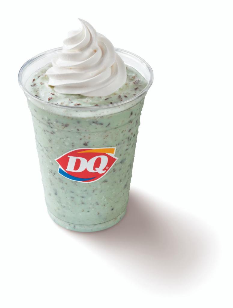 Mint Chip Shake · Refreshing creme de menthe blended with choco chips, real milk, and DQ's world-famous vanilla soft serve, topped with whipped topping.
