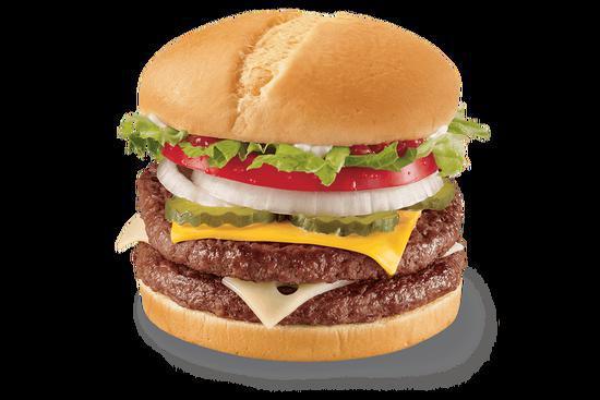 1/2 lb. Cheese GrillBurger™ · Two 100% beef burger equaling over 1/2 lb topped with melted cheese, thick-cut tomato, crisp chopped lettuce, pickles, onions, ketchup and mayo served on a warm toasted bun.																				