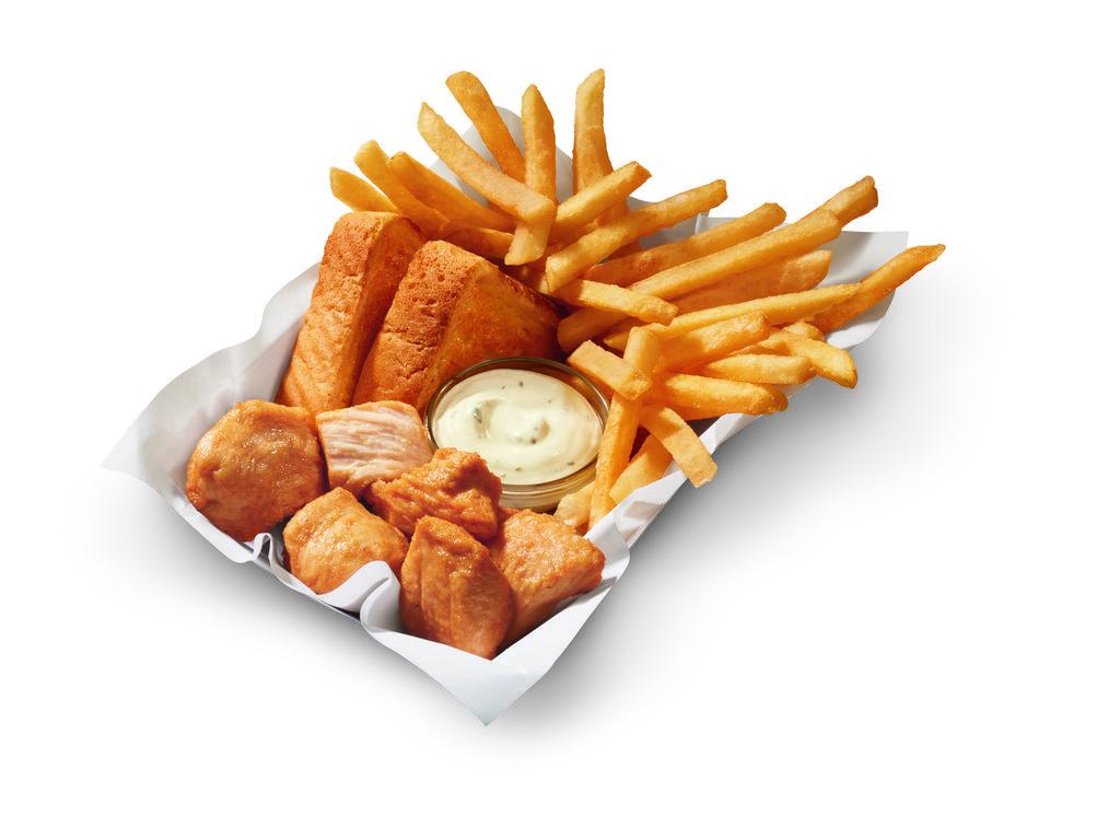 Rotisserie-Style Chicken Bites Basket · DQ’s new 100% white meat, juicy, tender, rotisserie-style chicken bites, served with fries, Texas toast and house-made Hidden Valley Ranch dipping sauce.