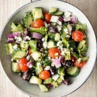 Greek Salad · Lettuce, cucumbers, cherry tomatoes, black olives, red onions, feta cheese.