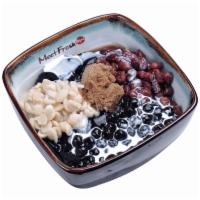 Icy Grass Jelly A · 冰仙草 a. Grass jelly, grass jelly shaved ice, red beans, peanuts, boba. 仙草、仙草刨冰、紅豆、花生、珍珠.