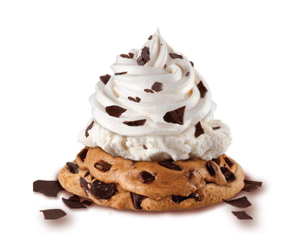 Hot for Cookie · Warm chocolate chip cookie and cookies dough, topped with French vanilla ice cream whipped topping and shaved chocolate.